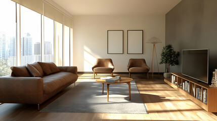 Modern Living Room Interior With Brown Sofa Gray Rug And City View In Sunlight
