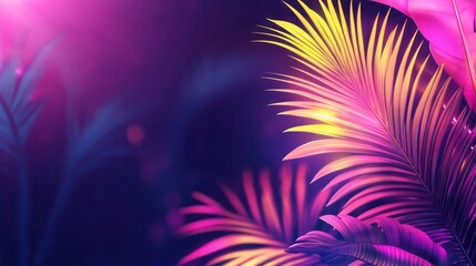 Obraz premium Vibrant illuminated palm leaves and foliage against dark background