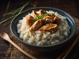 A bowl of rice with chicken and rice 