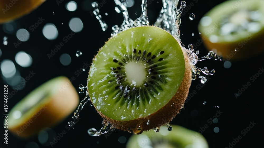 Poster kiwi fruit slices suspended in water creating dynamic splash effects