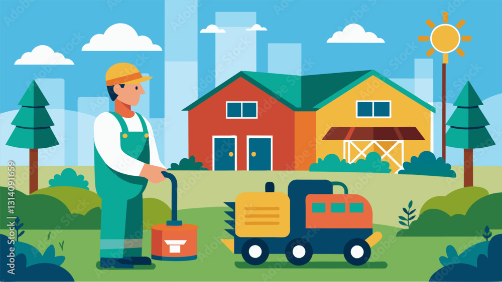 Poster in a rural farming community a farmer uses a compact gas generator to power their tools and equipmen