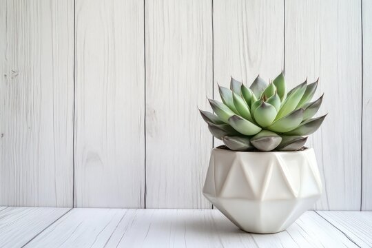 A perfectly symmetrical succulent plant in a geometric ceramic vase, captured against a minimalist white wooden backdrop - Powered by Adobe
