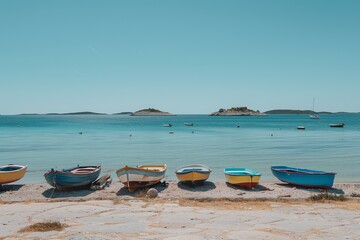 Obraz premium Colorful Boats on the Shoreline of a Calm Sea with Islands