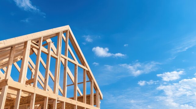 Wooden frame of a house under construction, against a clear blue sky with some clouds.