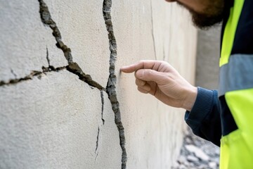 A worker points at a large crack in a concrete wall, indicating structural damage needing repair.