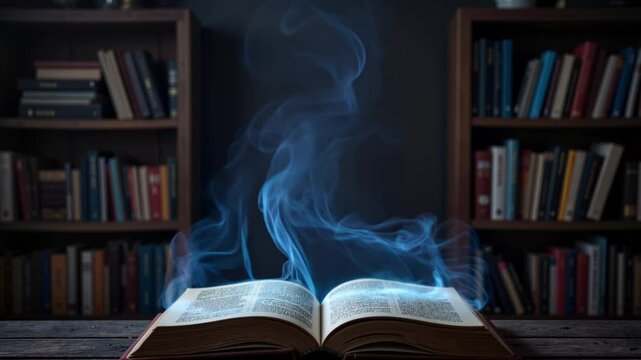 Mystical books levitating in shadowy library, enchanting magic