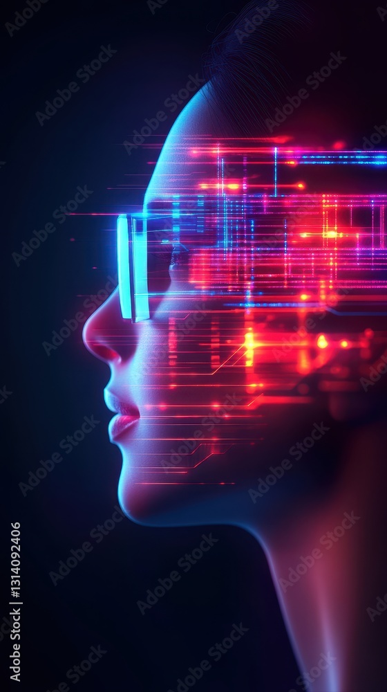Poster woman's face in the foreground with a futuristic digital interface in the background representing ai