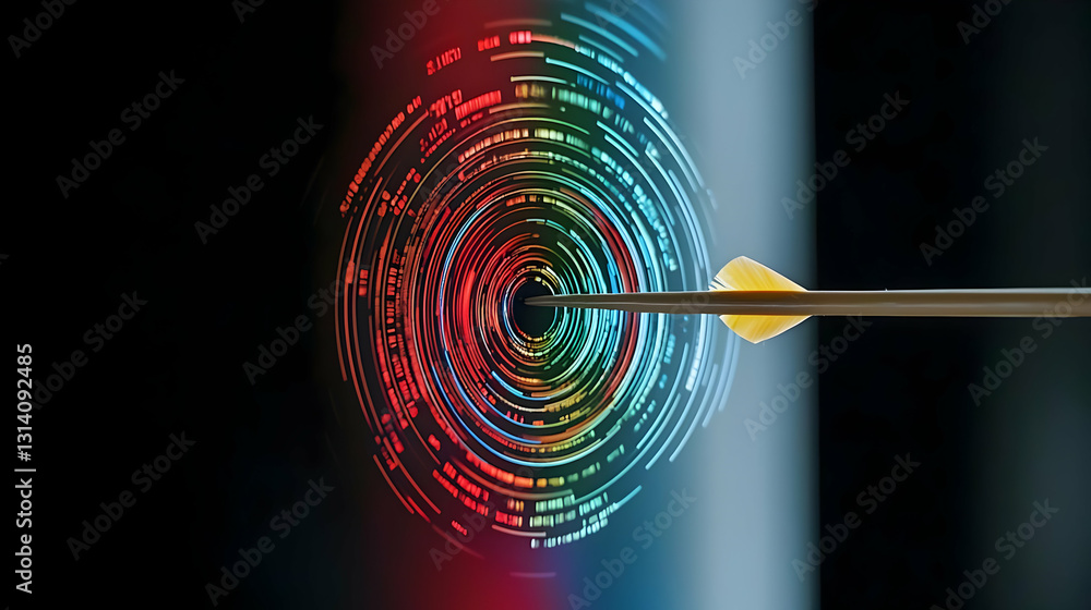 Aufkleber close up of a dart precisely hitting the bullseye center of a multicolored target data stream on a b