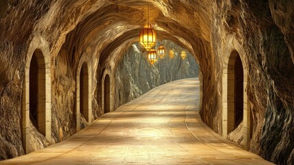 A winding rock tunnel illuminated by golden lanterns, creating an adventurous and mysterious ambiance