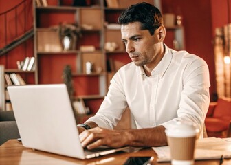 Fototapeta premium Portrait of Businessman Working from Home, Serious Expression A professional-looking man in his late 30s, sitting at a desk in a home office, focused on his laptop screen.