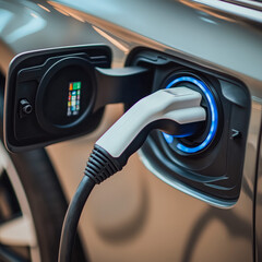 close-up of an electric vehicle (EV) being charged. The charging cable is plugged into the car’s port, which is illuminated with a blue LED light, symbolizing clean and sustainable energy