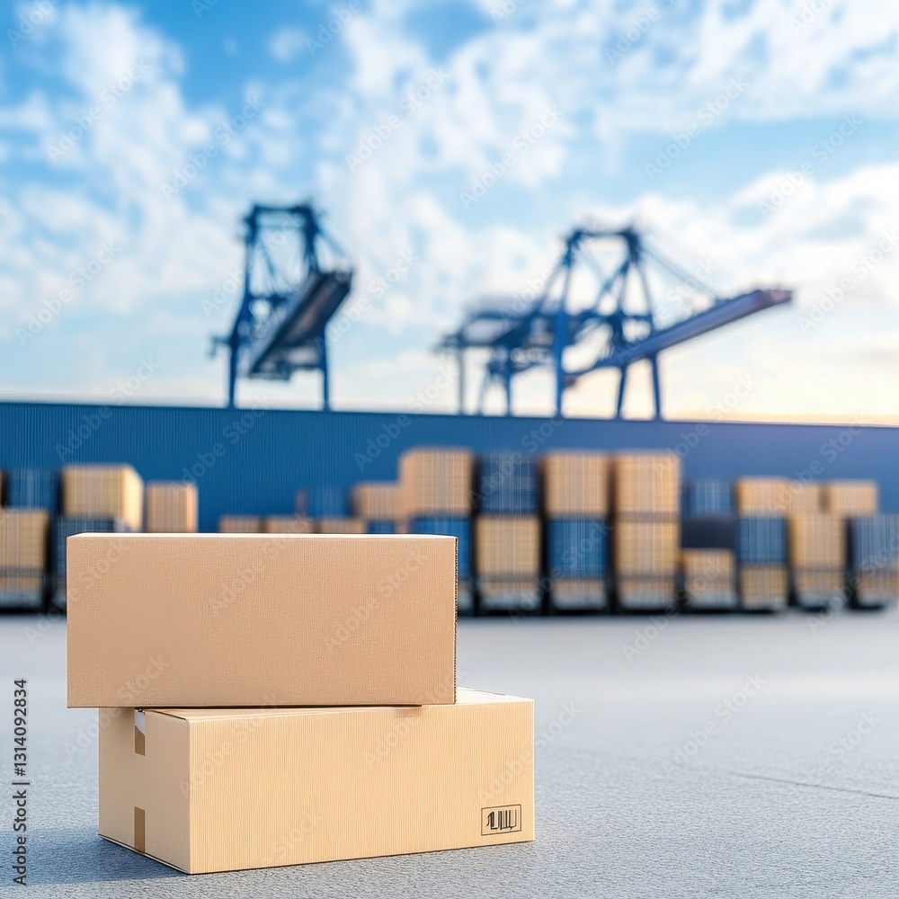 Poster shipping box and container representing the essentials of cargo transportation in global trade and l
