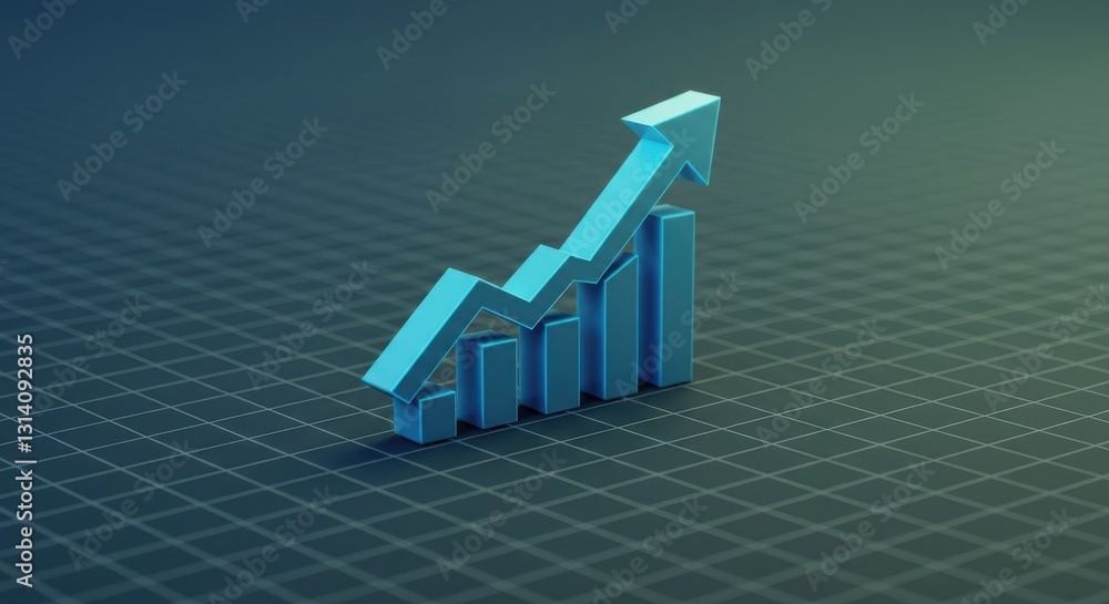 Poster blue 3d chart with arrow showing upward trend on grid background