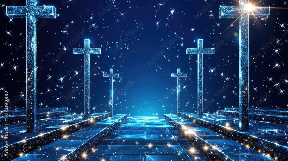 Poster abstract blue background with scattered small squares and glowing crosses, creating a futuristic loo
