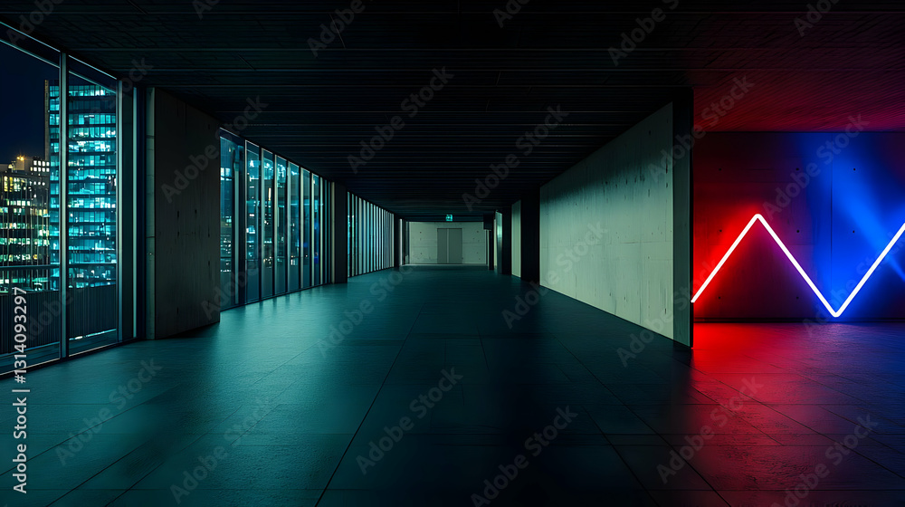 Poster dark empty hallway with glowing neon lights and city view through large windows in a modern building