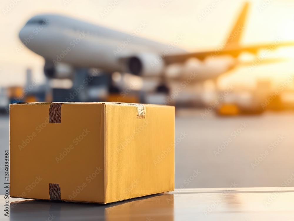 Poster airplane and box representing the concept of global logistics and efficient supply chain management 
