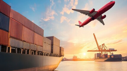 Airplane flying over a container ship illustrating the synergy between air and sea freight shipping operations