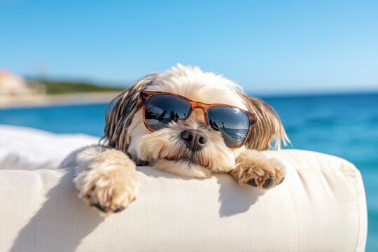A cute, small dog wearing sunglasses relaxes on a white cushion by the ocean, enjoying the sunny beach view.