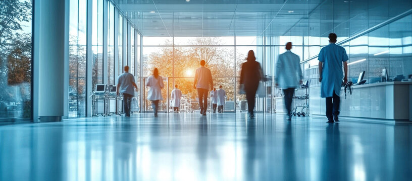 Doctors and nurses walking in modern hospital corridor during sunset, creating serene and professional atmosphere