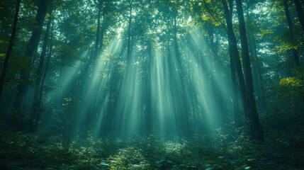 Obraz premium Mystical forest, sunlight beams through trees, tranquil scene, use for nature backdrop