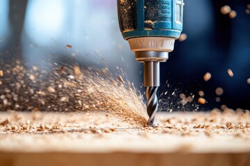 Drill bores into wood, sending sawdust flying, creating a hole.