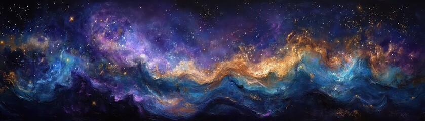 A vibrant painting showcasing a breathtaking sky filled with swirling hues of pink, orange, and purple, dotted with twinkling stars above a majestic mountain range silhouetted against the horizon.