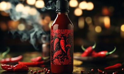 Featuring red chili peppers and smoke, the mockup label conveys the bold flavor of a spicy hot sauce bottle.