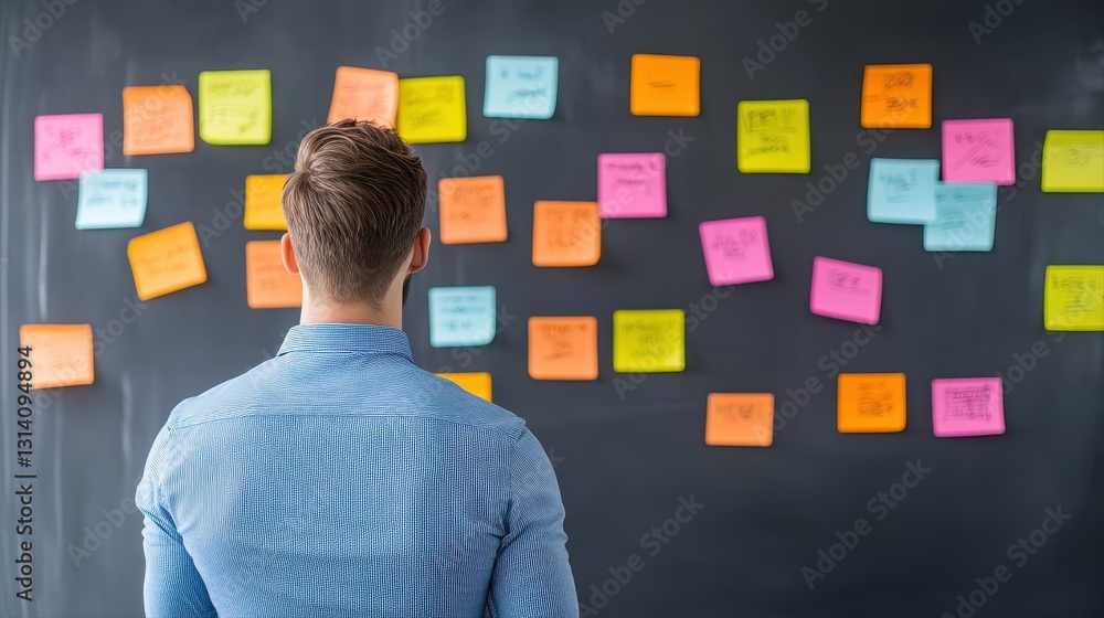 Poster man analyzing a wall full of sticky notes for software development sprint planning and project manag