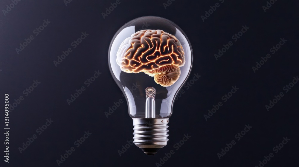 Poster glowing brain inside a transparent lightbulb on dark background illustrating innovation