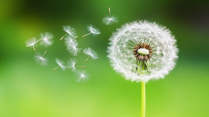 Delicate dandelion seeds blowing in the wind on a green background. Close-up of wispy white seed heads floating in the air, symbolizing nature, freedom, and renewal in spring.