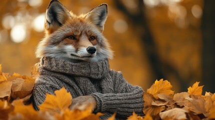 Naklejka premium Stylish Fox in Sweater Among Autumn Leaves 