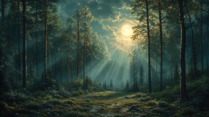 Fototapeta premium Moonlight forest path, sun rays, pine trees, tranquil scene