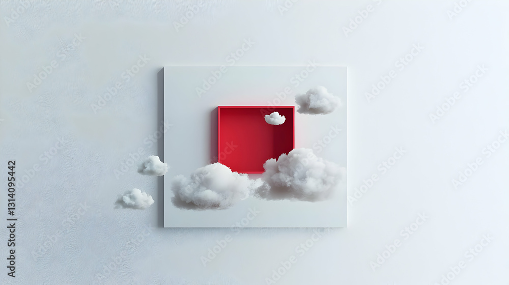 Aufkleber 3d render of fluffy white clouds floating around a red square opening on a white canvas against a te