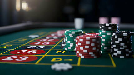 Fototapeta premium Stacks of Red Black and Green Poker Chips on Green Felt Roulette Table in Casino Under Warm Lighting