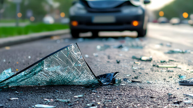 Shattered Windshield Glass On Asphalt Road With Blurred Damaged Car In Background After Car Accident