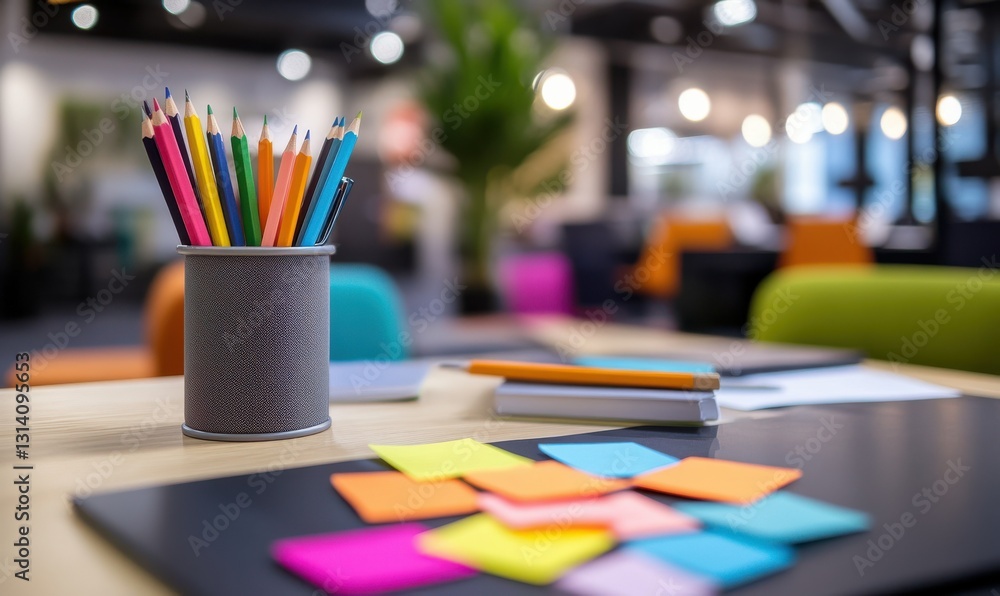 Poster vibrant networking event setup with colorful sticky notes, pens, and a cup of pencils in a modern of