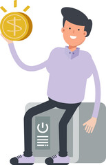 Male Character Sitting on Safe and Holding Dollar Coin

