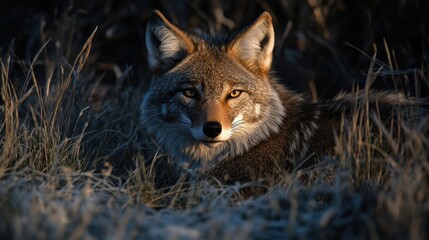 Fototapeta premium Coyote Resting in Grass at Golden Hour 