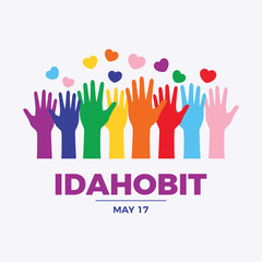 IDAHOBIT International Day Against Homophobia, Transphobia and Biphobia poster vector illustration. LGBT raised hands up pride flag icon. LGBTQIA hands up silhouette vector. Template for card, banner
