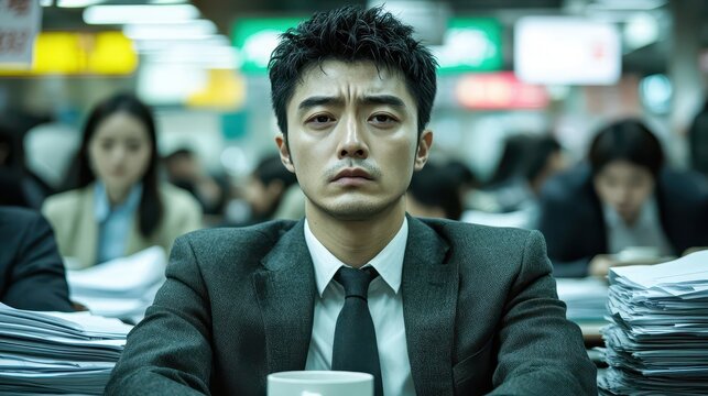 Stressed Businessman in Busy Office Environment  
