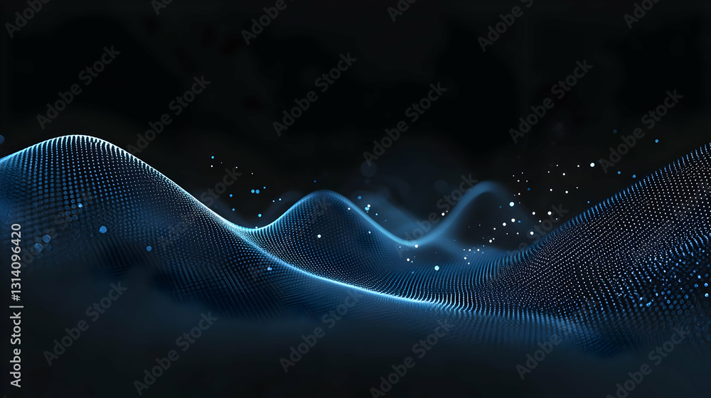 Poster dynamic blue digital landscape with particles and waves on a dark background in a 3d rendering