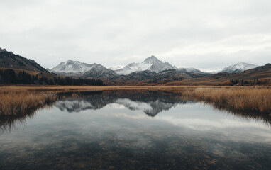 Snow-Capped Mountains Reflected in a Calm Autumn Lake