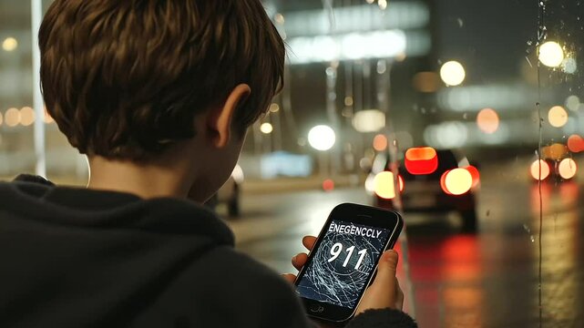 Child dialing 911 near a broken glass door