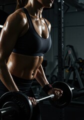 Focused athletic woman lifting weights at gym in dim lighting