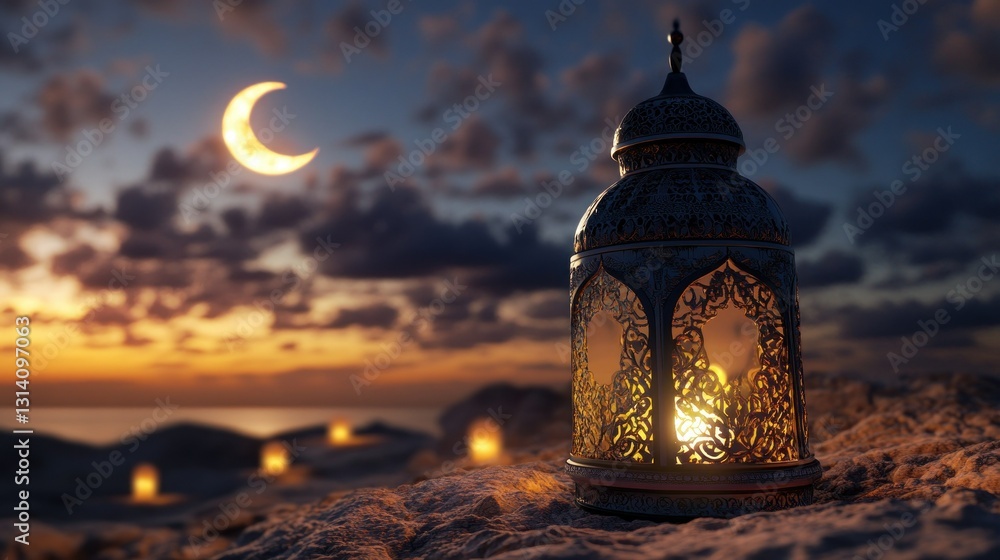 Poster illuminated ornate lantern with crescent moon in a scenic evening view