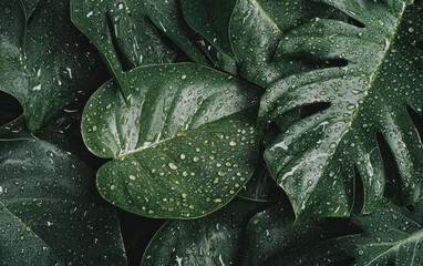 Fototapeta premium Lush Dark Green Tropical Leaves with Water Droplets