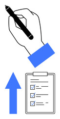 Hand holding a black pen above a blue arrow and completed checklist symbolizing progress, productivity, and task accomplishment. Ideal for planning, goal setting, organization, success, growth