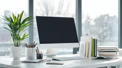 Fototapeta premium Bright Modern White Office Desk with Computer and City View in Natural Light