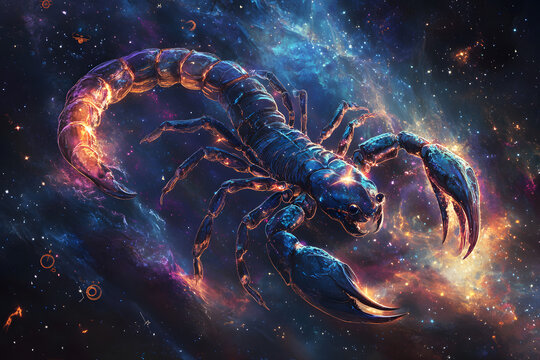Image of scorpio star sign over clouds in sky in background. Astrology, horoscope and zodiac concept digitally generated image.