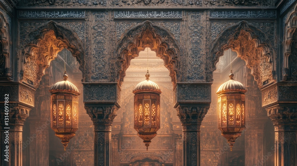 Poster three ornate lanterns illuminate an archway within a grand structure